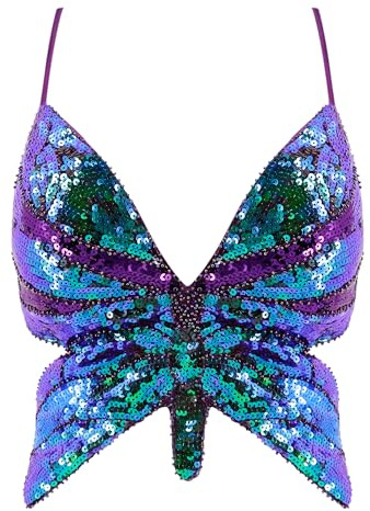 Mocure, glitzerndes Pailletten-Bauchfreies Damen-Top mit Schmetterlingsmuster, tief ausgeschnittenes Tanktop, Rave-Röhren-Top, geeignet für Bauchtanz-Kostüme, Violett, Einheitsgröße