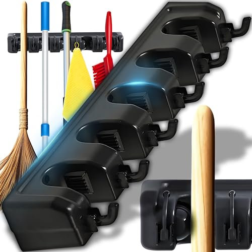 Retoo Supporto per scopa da parete, supporto per attrezzi con 5 supporti e 6 ganci, porta attrezzi organizer per garage, cucina, bagno, giardino, scopa e mocio per montaggio a parete
