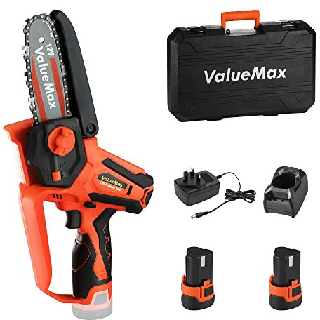 ValueMax Mini Chainsaw, 4 Cordless Electric Chain Saw with 2 Batteries 1H Quick Charger, One-Handed 12V Small Garden Saw Portable for Pruning Trees Branch Wood Cutting