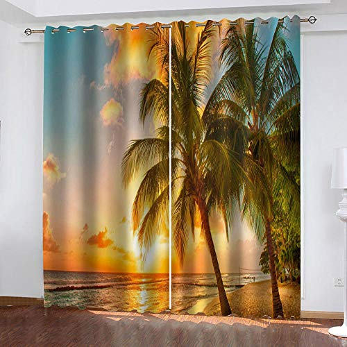 WBDJTX Gardinen Wohnzimmer Vorhang Blickdicht 3D Sonnenuntergang Meerblick Auf Den Strand Muster Verdunkelungsvorhang 200X160 cm Ösenvorhang 2Er Set Thermogardine Für Schlafzimmer Kinderzimmer Vorh