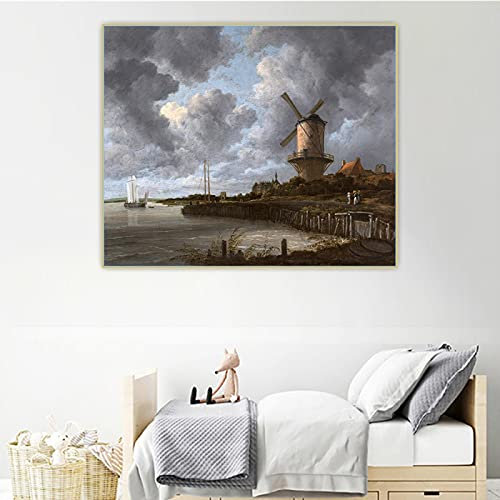 Yangld Leinwandbild Jacob van Ruisdael《Die Windmühle bei Wijk bij Duurstede》Ölgemälde Poster Bild Wanddekoration Heimdekoration 70x90cm Rahmenlos