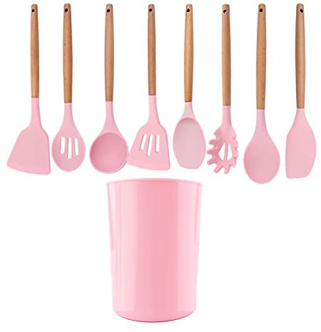 Set di utensili da cucina in silicone Utensili da cucina antiaderenti Utensili da cucina Manico in legno Pentole Set di gadget da forno Rosa 9 pezzi