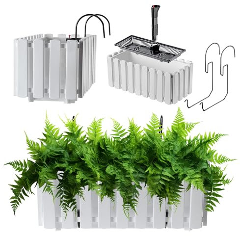 KADAX Jardinière de Balcon 40 cm – Pot de Fleurs en Plastique Aspect Lattes, Style Maison de Campagne, avec Bouchon – Blanc
