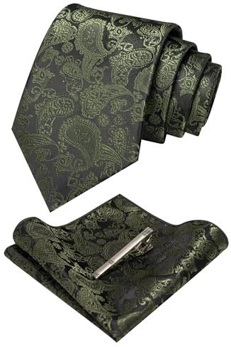 JEMYGINS Graciös paisley elegant herrslips och näsduk med slipsklämma set, Olivgrön, M