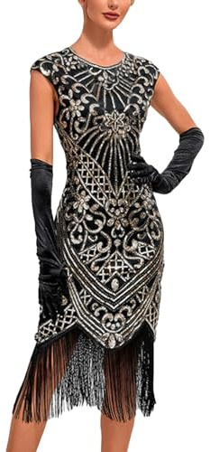 LOSSLO Damen 1920s Kleid Elegant Glitzerkleid Partykleid Abendkleid Flapper Kleid 20er Jahre Vintag Bleistiftkleid Midi Pailletten Kleider mit Quaste Cocktail Ärmelloses Paillettenkleid Frauen