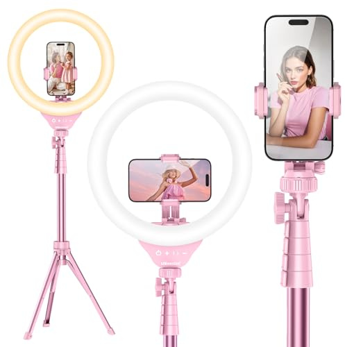 UBeesize 12'' LED Ring Light with 62'' Tripod Stand, Selfie Ring Light for Video Recording, Live Streaming, TikTok & YouTube, Compatible with iPhone & Android (Pink)