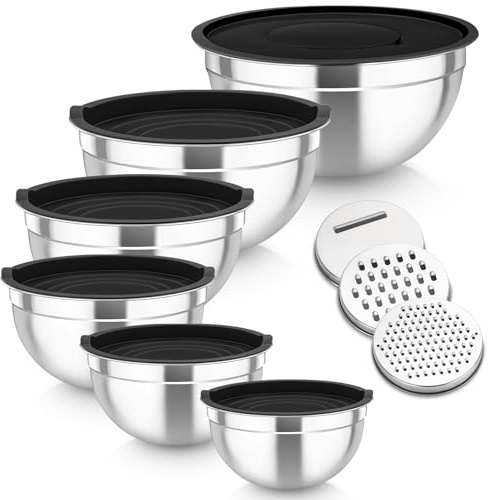 TeamFar Mixing Bowls Set of 6, Stainless Steel Nesting Mixing Salad Bowl with 3 Grater Attachments, for Food Cooking Prepping Storing, Black - Size 4.6/2.6/2 / 1.5/1 / 0.7 QT