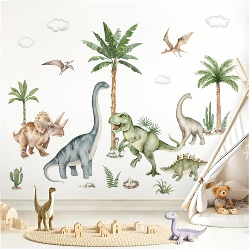 wondever Wandtattoo XXL Dinosaurier Wandsticker Dschungel Dino Palme Baum | Abziehen und Aufkleben, Abziehbar, Wandaufkleber Selbstklebend für Kinderzimmer Junge Babyzimmer Jungenzimmer Wanddeko
