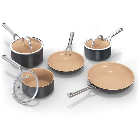 Ninja Extended Life Keramic Kochset 5-teilig (20 & 24 cm Sauteuse + 16, 18 & 20 cm Töpfe & Deckel), Antihaftbeschichtet (ohne PFAs, PFOAs, Blei, Cadmium),Backofenfest, Grau & Terracotta CW95000EUUKDB