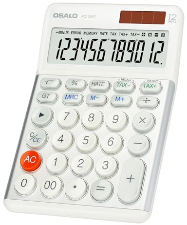 OSALO Taschenrechner große Tasten Großes Display 12-stelliger Tischrechner Bürorechner Schreib mit Mehrwert Steuer Funktion für Schule, Büro, Steuerberechnung (FQ-300T)