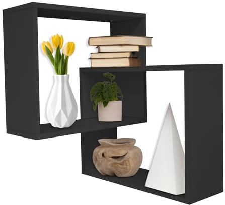Eckregal QUADRA Schwarz aus Holz, Hängeregal für Wohnzimmer, Büro, Schlafzimmer, Küchenregal, Gewürzregal für Küchen, originelles Wandregal für Deko, Schweberegal, (LxTxH) ca. 55x55x66 cm