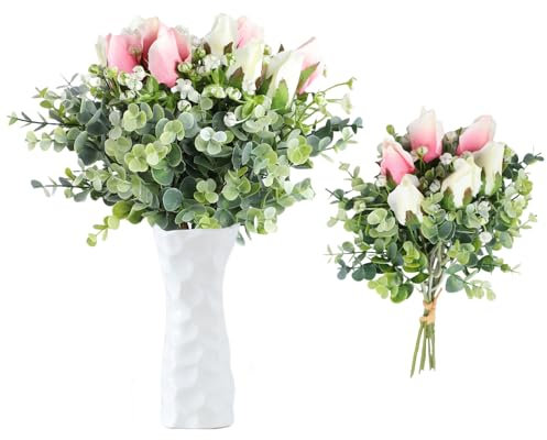 astylishome Fake Flowers for Outside Artificial Tulips Flower 6 Pcs Faux Tulip Real Touch Bouquet for Wedding Arrangements Home Party Hotel Floral Decoration Pink 1709