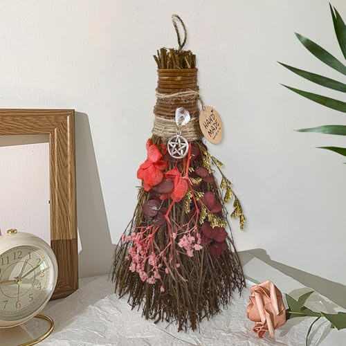 19cm Hexenbesen, Handgemachte Dekobesen mit Rot Trockenblumen für Weihnachten Adventskranz, Wicca Zimtbesen Mini Deko Besen mit Natürlicher Magischer Kristall für Altar Zeremonien Mottoparty Heimdeko