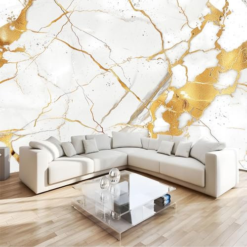 PLEETS Papier Peint Intissé Texture dorée en marbre Effet 3D Tapisserie Murales Papier Peint 350 x 256 cm Muraux Photo Décoration Murale Salon Chambre