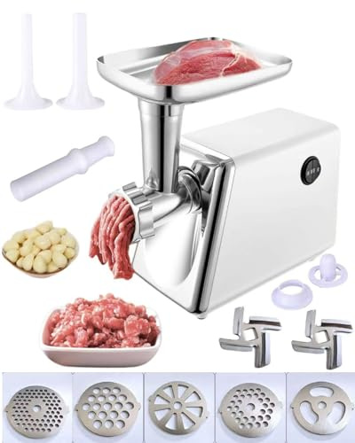 Zuguachi Electric Meat Grinder, 900W Max Locked Power with 5 Grinding Plates & 2 Sausage Tubes, Stainless Steel Heavy Duty Food Processor with Overload Protection & Reverse Function for Home Kitchen