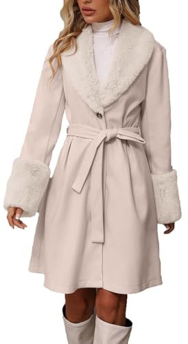 Wintermantel Damen Elegant Wolle Warm Lang Trenchcoat Damen Winter A Linie mit Gürtel Wollmantel Damen Lange Fellkragen mit Knöpfen Mantel Frauen Winter Fleece Plüsch Damenmantel Einfarbig