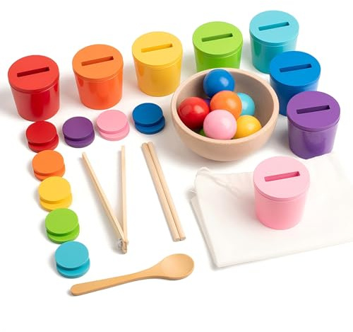 Gserin Sensorisches Farbsortierspielzeug aus Holz und Kunststoff – Montessori Spielzeug für Kleinkinder ab 3 Jahren, Farbzuordnung, Feinmotorik, Lernspielzeug mit Bällen, Münzen, Bechern & Schüssel