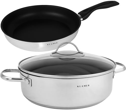 KLAMER Pfannenset Induktion (Servierpfanne 28 cm + Bratpfanne 28 cm), hochwertige Profi Edelstahlpfanne 5 l, backofenfest & spülmaschinengeeignet