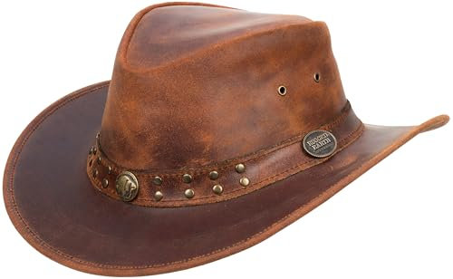 Driftwood Pioneer – Formbarer Western Hut für Outdoor, Bushcraft & Festivals | Vintage Echtleder mit Patina, Lederhut Frauen, Lederhut Männer (DE/NL/SE/PL, Alphanumerisch, L, Braun)