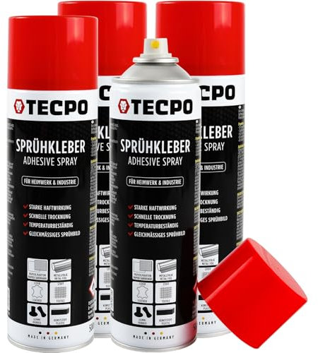 TECPO Sprühkleber 4x 500ml, Industriekleber, Stark haftend, Schnelle Trocknung, Hohe Temperaturbeständigkeit, Vielseitig für Textilien, Leder, Schaumstoffe, Dämmmaterialien, PVC, Papier