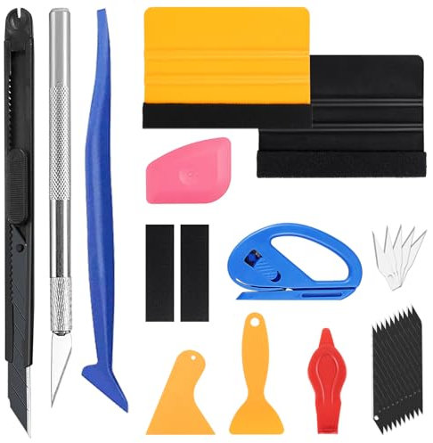Sheryl&Rain 27 Pièces Kit Covering Outils de Film Teinté Voiture, Kit de Films Adhésifs pour Vitre Teintée Voiture, avec Raclette en Feutre, Coupeur de Films, Grattoirs, Polaire de Remplacement