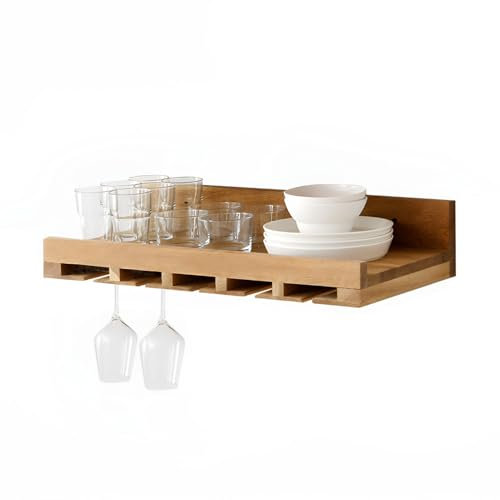 JYHHGDS Portabottiglie da Parete in Legno Rustico con portabicchieri e portabottiglie, mensola Galleggiante sospesa per Cucina, Bar, Piante, espositore per Foto, 60x27x12 cm (Legno Naturale)