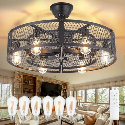 DINGLILIGHTING DLLT Caged Ceiling Fan with Light: 26 Farmhouse Fandelier with Light and Remote Control - Black Quiet DC Motor Rustic Chandelier with Fan for Bedroon Kitchen Living Dining Room