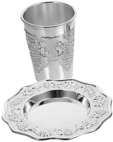 DINHEAROM Ensemble Coupe Rituelle Juive Kiddouch Soucoupe en Alliage de Zinc, Gravée, pour Shabbat et Fêtes Juives, Décorations de Rosh Hashanah, Service
