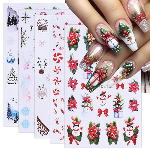 JMEOWIO Nagelsticker Weihnachten Schneeflocken Schneemann 5 Blatt Nail Art Sticker Selbstklebend Nagelaufkleber Dekoration Nageldesign Zubehör