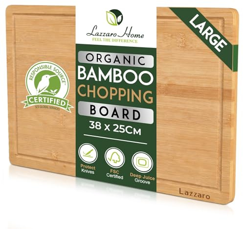 Lazzaro Bamboo Chopping Board Large (38 x 25 x 2cm) - Wooden Cutting Board with Non-Slip Feet, Double Sided Kitchen Chopping Board for Meat, Fish, Vegetables, Fruit, Bread & Cheese