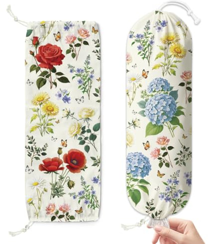 Doodlream 2 Pcs Flowers Plastic Bag Holder, Hanging Grocery Bag Organizer with Drawstring Bottom, 58.5 x 23 cm Large Storage Bags Dispenser Canvas Reusable Washable Space Saving