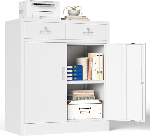 Aktenschrank, Mehrzweckschrank, Schrank abschließbar, Weiß, 90 * 80 * 40cm | Büroschrank mit 2 Türen, Aufbewahrungsschrank Stahl, 2 Schublade und 1 Verstellbarer Einlegeboden für Büro,Garage,Wohnzimmer