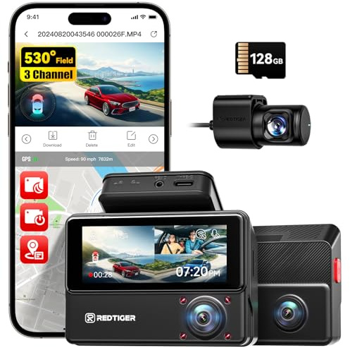REDTIGER 530° Dashcam Voiture 3 Canaux,Caméra pour Voiture 2,5K+2,5K+1080P avec Carte 128 Go, Vision Nocturne IR, Écran Tactile, Dashcam pour Avant,Inclus WiFi GPS, Mode Parking 24H