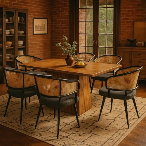 EMKK Esszimmerstühle 6er Set Rattan mit Samt-Sitzkissen, Armlehnen und Geschwungener Rückenlehne, Rattan Sessel für Esszimmer, Wohnzimmer, Restaurants und Cafés