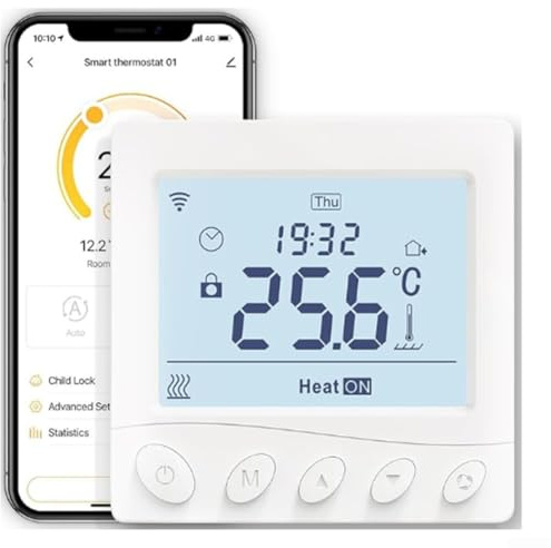 Thermostat Programmable Smarts for Underfloor Heating, WiFi Enabled with App Control, for Alexa, for Tuya, for Wall-Mounted Boilers, 10x10x6 cm((Electric floo 16A)