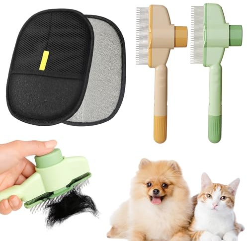 4 Stück Set Fellblitz Bürste Katze, Zwei Katzenhaarentferner Handschuh Mit Zwei Grün und Gelb Katzen Bürste, Tierhaarentferner Handschuh Für Katzen Und Langlebige Kamm,katzen bürste für die Enthaarung