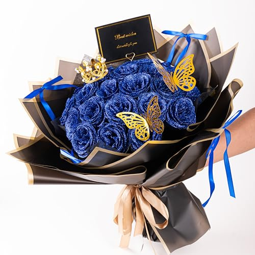 Generisch DIY Glitzer-Rosenstrauß 24Pcs Glitzer künstliche Rosen Bouquet, Muttertag, Valentinstag, Hochzeit, Geburtstag, Jubiläum (Blau)