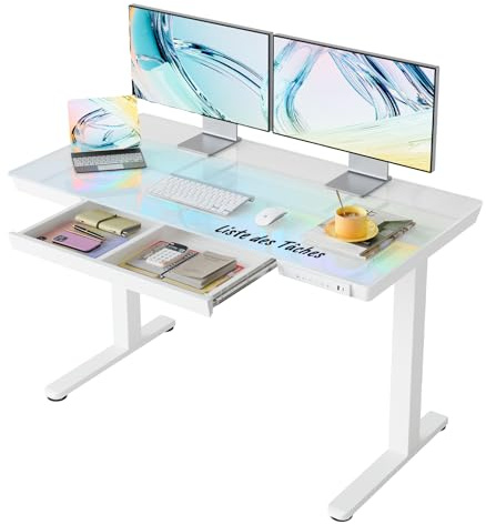 HUANUO Glas Höhenverstellbarer Schreibtisch mit Schublade, 120x60 cm, Weiß | Ganze Tischplatte, USB-Ladeanschluss, 3 Speicherplätze, elektrisch höhenverstellbar, stabiler und leiser Motor.