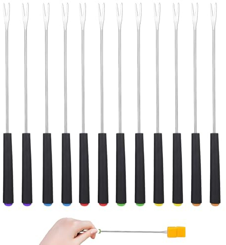 Rayakt 12Pcs Fondue Forks, 24 CM Long Stainless Steel Forks with Heat Resistant Handle, Safe & Enjoyable Fondue Sticks, Multipurpose Chocolate Cheese Meat Fruit Forks for Party Home Camping