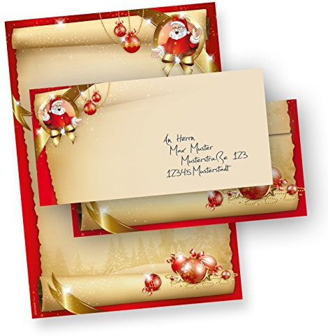 Briefpapier Weihnachten Set Santa Claus (25 Sets ohne Fenster) DIN A4 Weihnachtsbriefpapier mit Umschläge