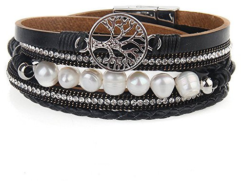 Cheerlife Damen Wickelarmband mit Perlen Strass Flechtelement Lebensbaum Anhänger Magnetverschluss Armband (Schwarz)