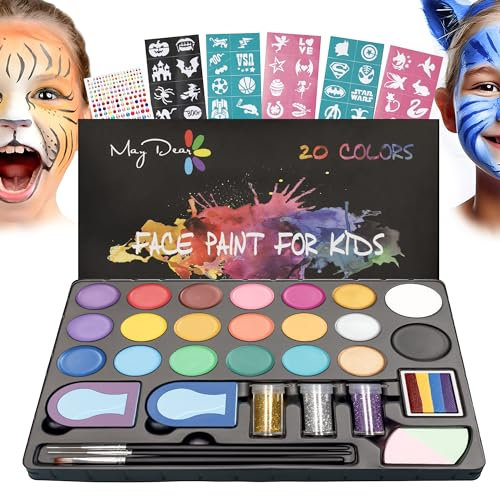 Maydear Kinderschminken-Kit für Kinder 20 Farben Make-up-Palette auf Wasserbasis mit Schablonen Glitters Rainbow Split Cake Haarfärbeklammern für Partys Halloween Sicherer Profi Body & Face Paint Kit