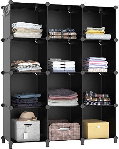 Closet Organizers and Storage, 12 Cube Storage Organizer, Portable Closet Organization Clothes Shelves for Kids, Closet, Bedroom, Bathroom, Office, Black