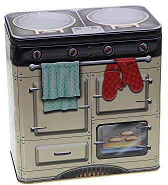 POWERHAUS24 Blechdose in Retro-Stil Backofen Backprofi, Keksdose, Aufbewahrung, ca. 18 cm x 19 cm x 10,5 cm, Backrezept