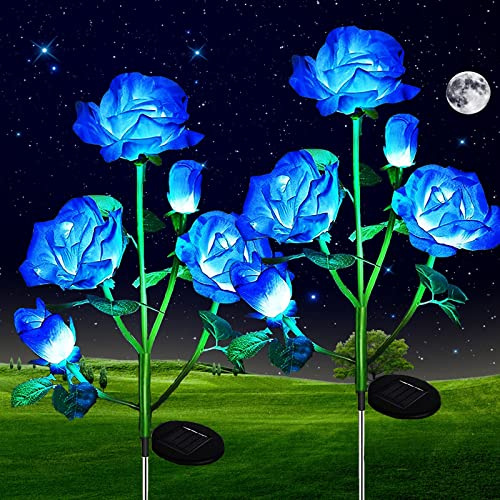 ZVO Solar Lights Outdoor Garden, LED Solar Powered Flowers Lamp Waterproof Ornament with 10 Bigger Rose, Solar Garden Outside Lights for Pathway Wedding Grave Christmas Decoration(2Pack Blue)