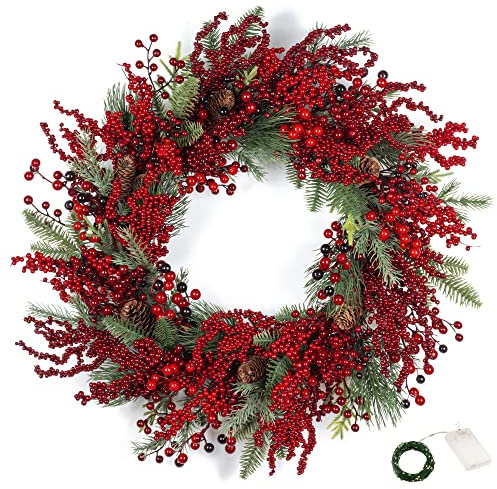 KI Store Beeren türkranz Weihnachten beleuchtet groß 65cm rot beerenkranze Licht weihnachtskranz haustür mit Beleuchtung für weihnachtsdeko, stechpalme deko