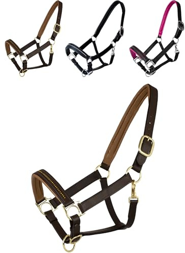 Marengos - Halfter Diamond aus Leder – Braun/Gold – Pony | Halfter für Pferde – Pferdehalfter mit farbig unterlegtem Nasenriemen & Genickstück – edles Lederhalfter