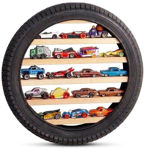 Tapeera Modellauto Vitrine im Reifen-Design – Wandregal für Spielzeugautos – Holz Regal für 18 Diecast Autos im Maßstab 1:64 – kompatibel mit Hot Wheels & Matchbox – Ø 40 cm