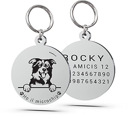 MAMIPets Medaglietta per Cani DOG DESIGN Blocco 1 [A-Eng] - 200 Razze Canine, Acciaio Inox Fondo Specchio, Incisione Laser Nera Permanente (Border Collies, Small)