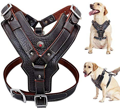 Wishdeal Hundegeschirr aus Echtem Leder langlebig Verstellbar für Große Hunde Schnelle Kontrolle mit Griff Haustierzubehör für K9 Labrador (L)